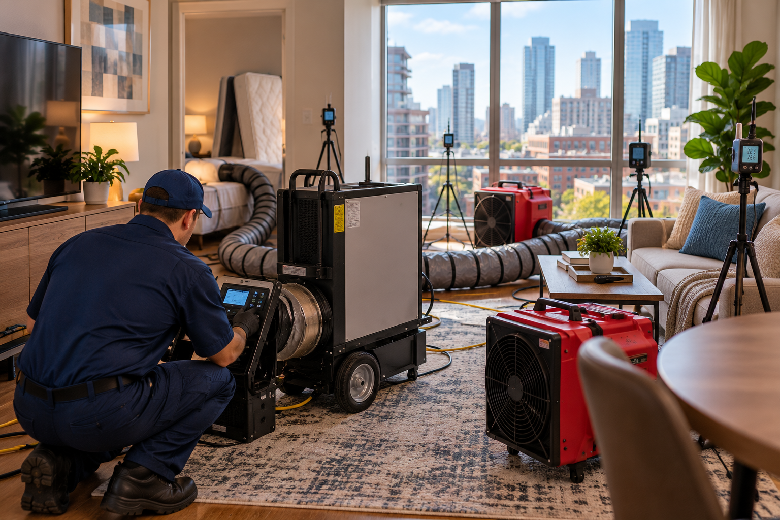 Bed bug heat treatment equipment set up in Atlanta home with temperature monitoring