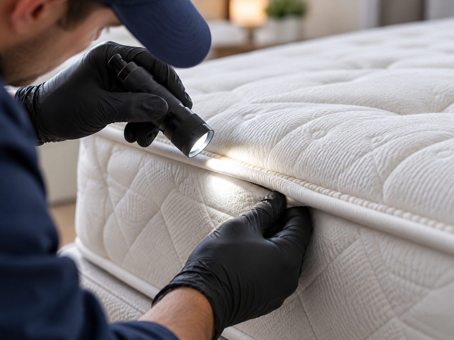 Atlanta bed bug removal specialist inspecting mattress seam with flashlight
