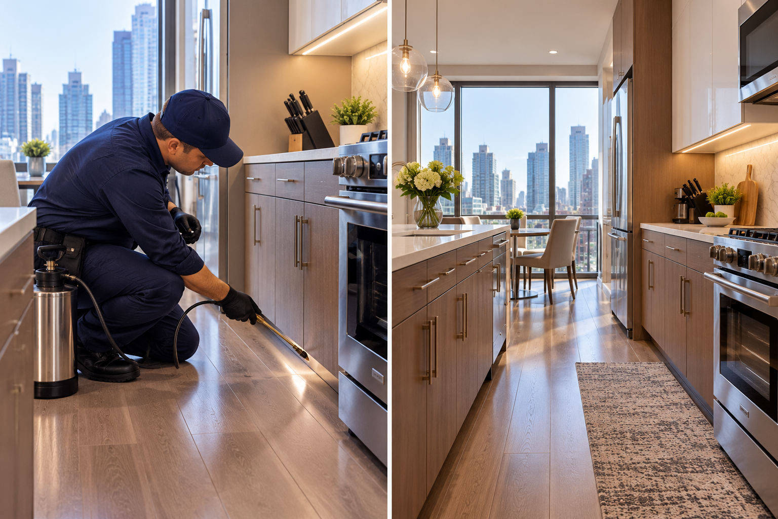Atlanta cockroach exterminator applying professional treatment in kitchen